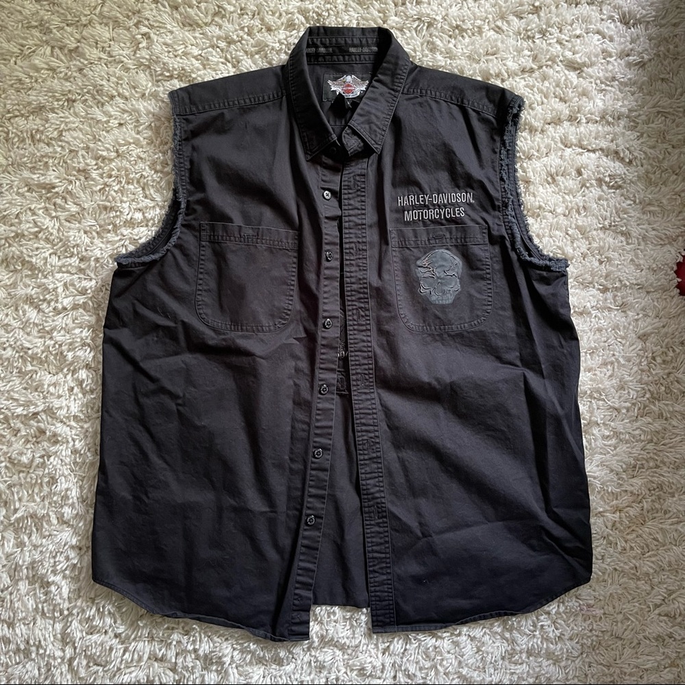 Harley Davidson frayed Cut off sleeve collar shirt